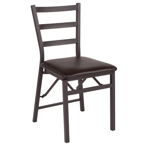 Brown Folding Ladder Back Metal Chair with Brown Vinyl Seat - Dining Furniture