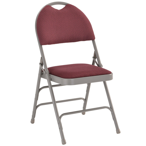 Burgundy Fabric/Gray Frame |#| Ultra-Premium Triple Braced Burgundy Fabric Folding Chair with Easy-Carry Handle