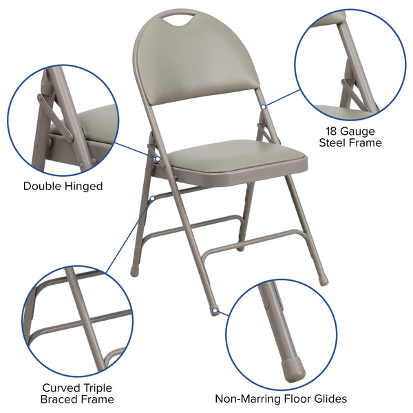 Gray Vinyl/Gray Frame |#| Ultra-Premium Triple Braced Gray Vinyl Folding Chair with Easy-Carry Handle