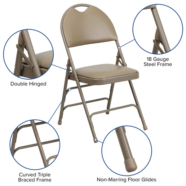 Beige Vinyl/Beige Frame |#| Ultra-Premium Triple Braced Beige Vinyl Folding Chair with Easy-Carry Handle