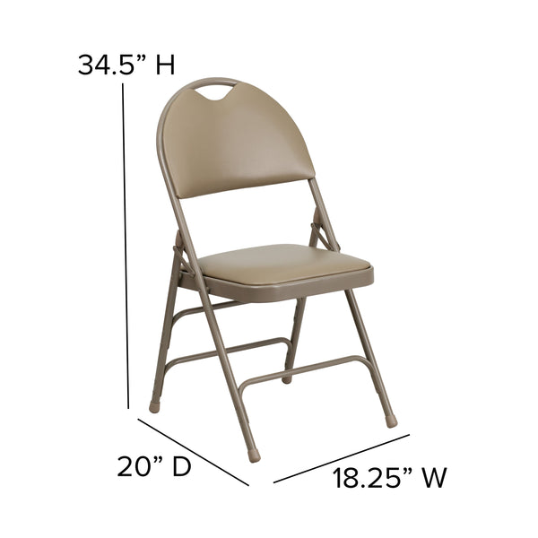 Beige Vinyl/Beige Frame |#| Ultra-Premium Triple Braced Beige Vinyl Folding Chair with Easy-Carry Handle