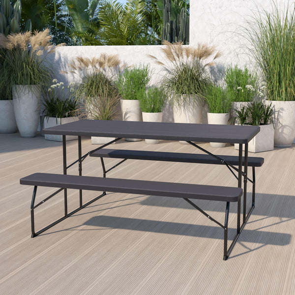 Charcoal |#| All-In-One Folding Picnic Table and Bench Set - Adult Size, Charcoal Wood Grain