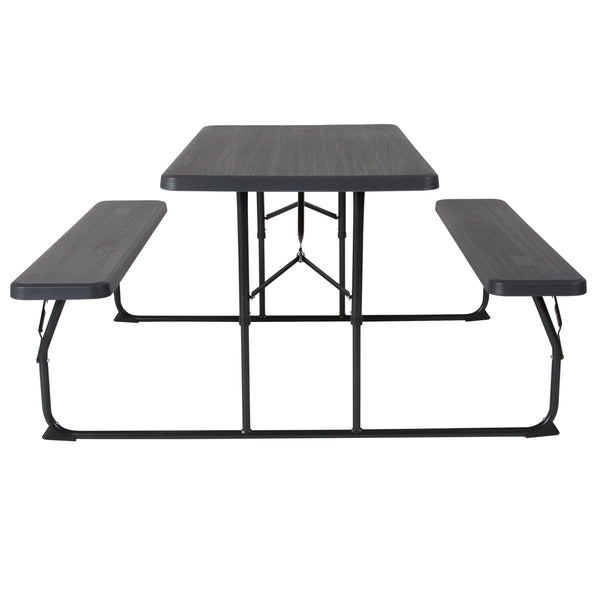 Charcoal |#| All-In-One Folding Picnic Table and Bench Set - Adult Size, Charcoal Wood Grain