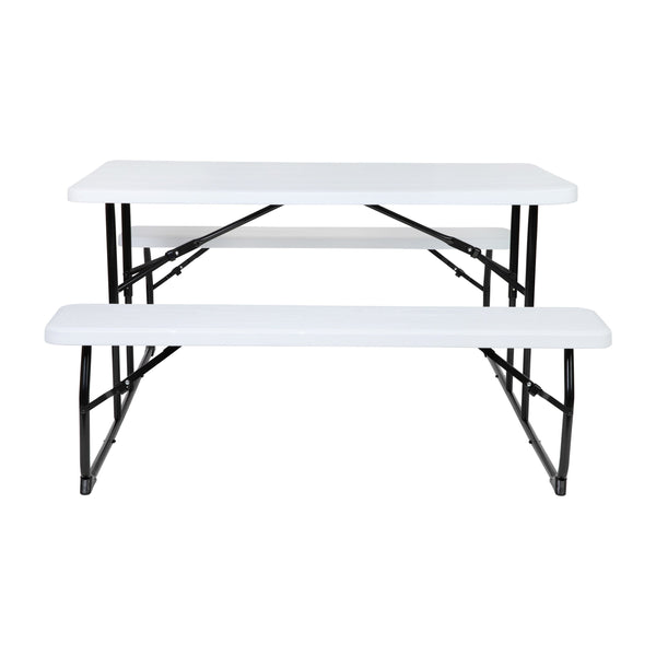 White |#| All-In-One Folding Picnic Table and Bench Set - Adult Size, White Wood Grain