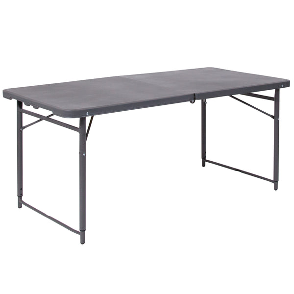 Dark Gray |#| 4-Foot Height Adjustable Bi-Fold Dark Gray Plastic Folding Table with Handle