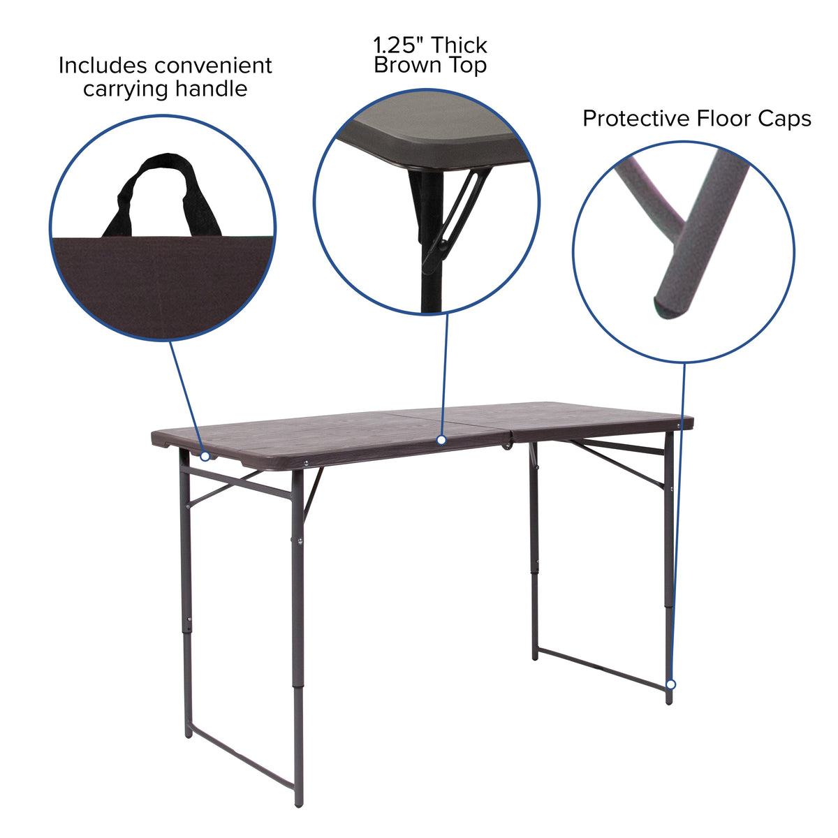 Brown |#| 4-Foot Height Adjustable Bi-Fold Brown Plastic Folding Table with Handle