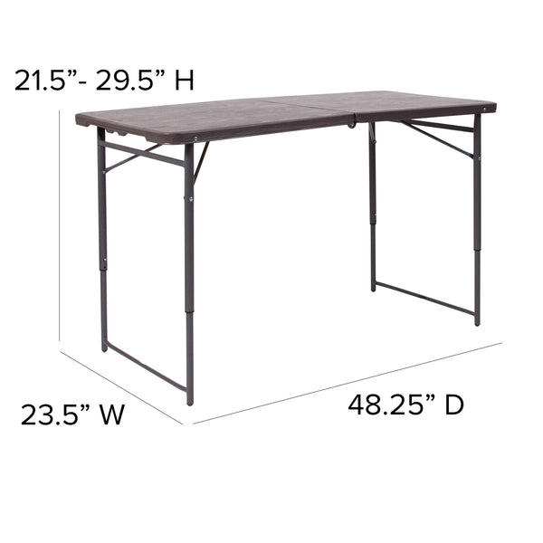 Brown |#| 4-Foot Height Adjustable Bi-Fold Brown Plastic Folding Table with Handle