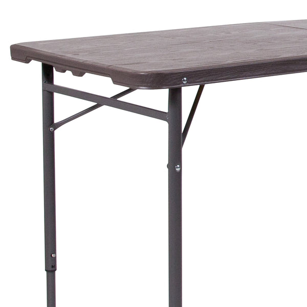 Brown |#| 4-Foot Height Adjustable Bi-Fold Brown Plastic Folding Table with Handle