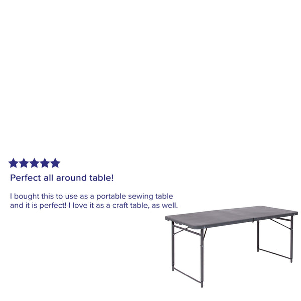 Dark Gray |#| 4-Foot Height Adjustable Bi-Fold Dark Gray Plastic Folding Table with Handle