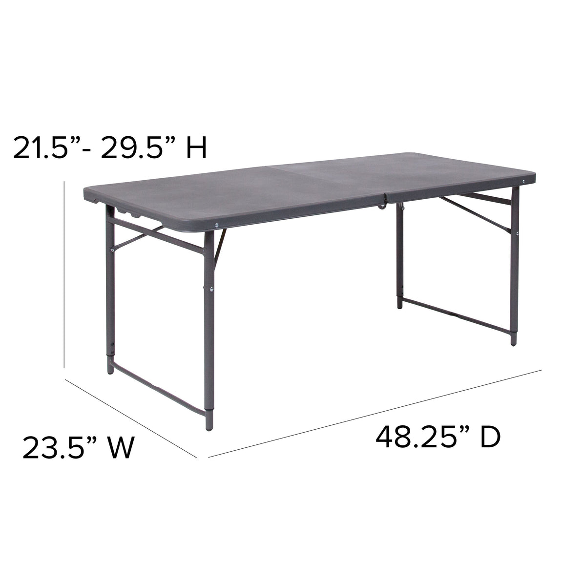 Dark Gray |#| 4-Foot Height Adjustable Bi-Fold Dark Gray Plastic Folding Table with Handle