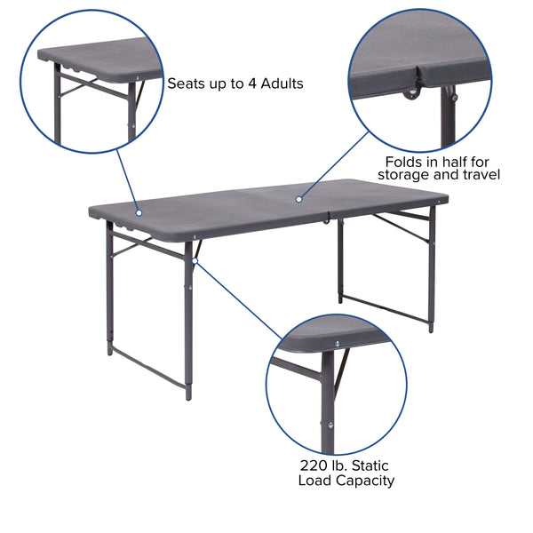 Dark Gray |#| 4-Foot Height Adjustable Bi-Fold Dark Gray Plastic Folding Table with Handle