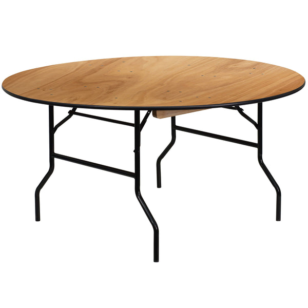 5 Foot Round Wood Folding Banquet Table with Clear Coated Finished Top