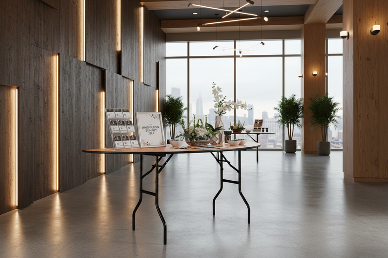 5-Foot Half-Round Wood Folding Table – Registration Station