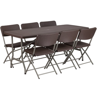 5.62-Foot Rattan Indoor-Outdoor Plastic Folding Table Set with 6 Chairs - View 1