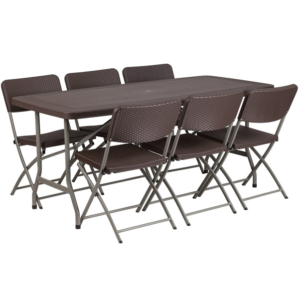 Dining Room Folding Table With Chairs 32x67 Plastic Table Set, 7PC