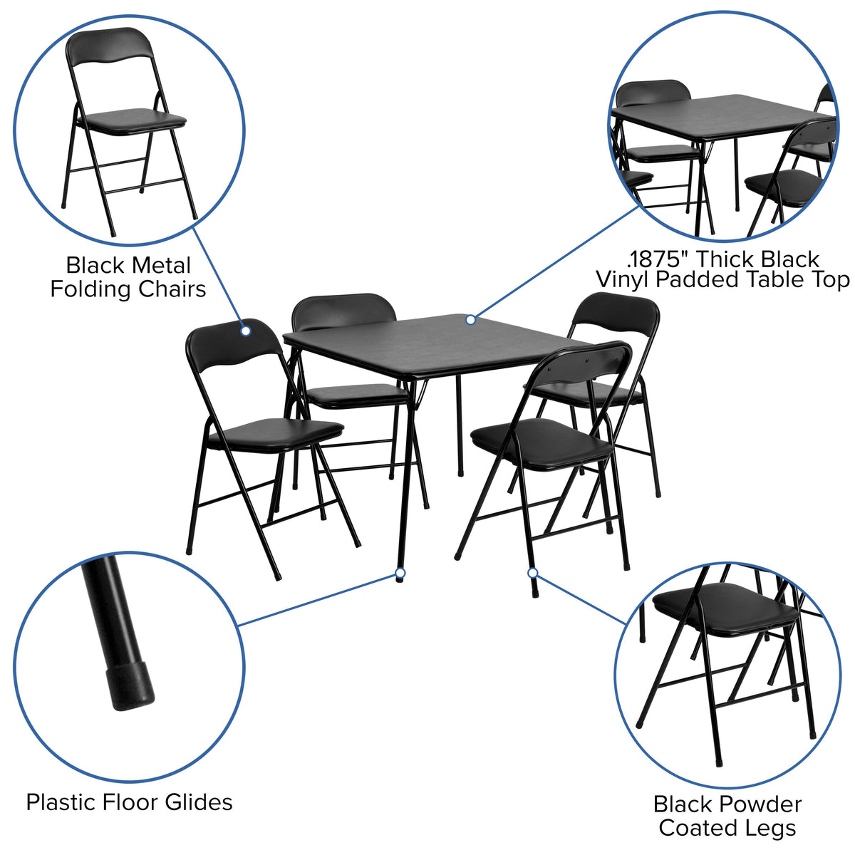 Black |#| 5 Piece Black Folding Card Table and Chair Set with Upholstered Table Top