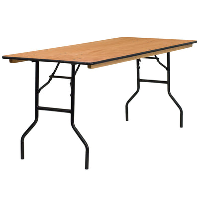 6-Foot Rectangular Wood Folding Banquet Table with Clear Coated Finished Top - View 1