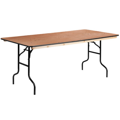 6-Foot Rectangular Wood Folding Banquet Table with Clear Coated Finished Top - View 1