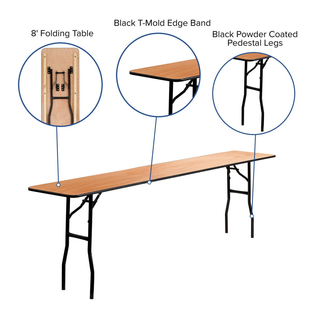 8-Foot Rectangular Wood Folding Training / Seminar Table with Clear Coated Top