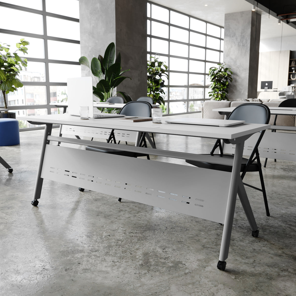 Gray Top/Gray Frame |#| Commercial Nesting Flip Training Table with Steel Frame and Y-Legs in Gray