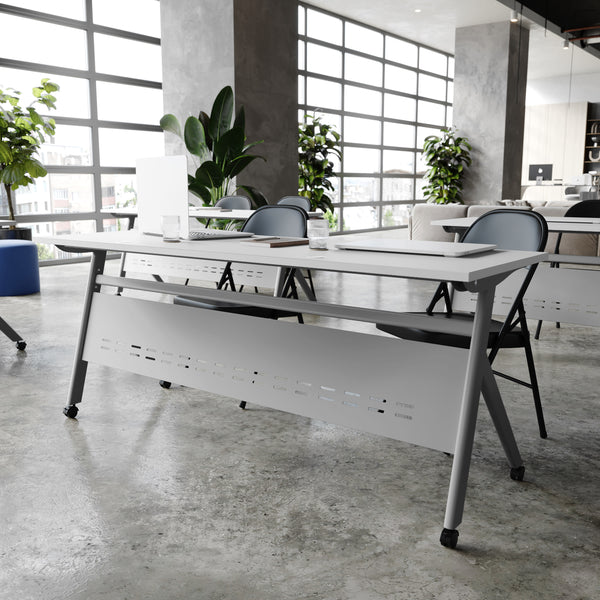 Gray Top/Gray Frame |#| Commercial Nesting Flip Training Table with Steel Frame and Y-Legs in Gray