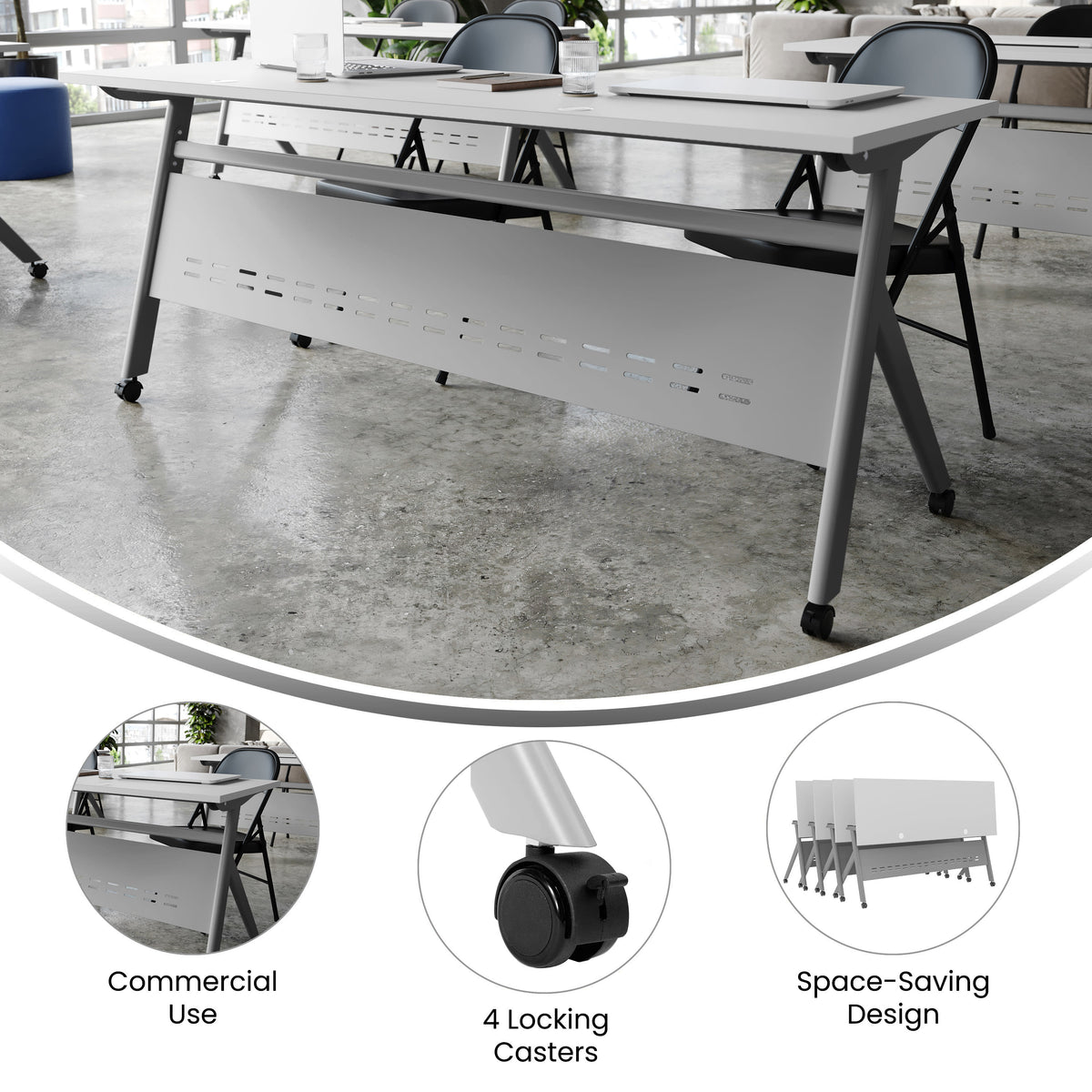 Gray Top/Gray Frame |#| Commercial Nesting Flip Training Table with Steel Frame and Y-Legs in Gray