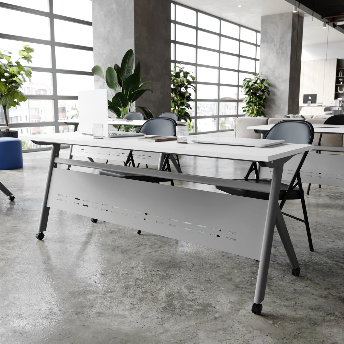 White Top/Gray Frame |#| Commercial Nesting Flip Training Table with Steel Frame and Y-Legs in White/Gray