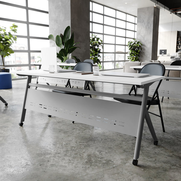 White Top/Gray Frame |#| Commercial Nesting Flip Training Table with Steel Frame and Y-Legs in White/Gray
