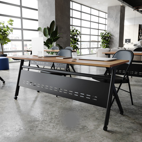 Walnut Top/Black Frame |#| Commercial Nesting Flip Training Table with Steel Frame and Y-Legs in Walnut/Blk