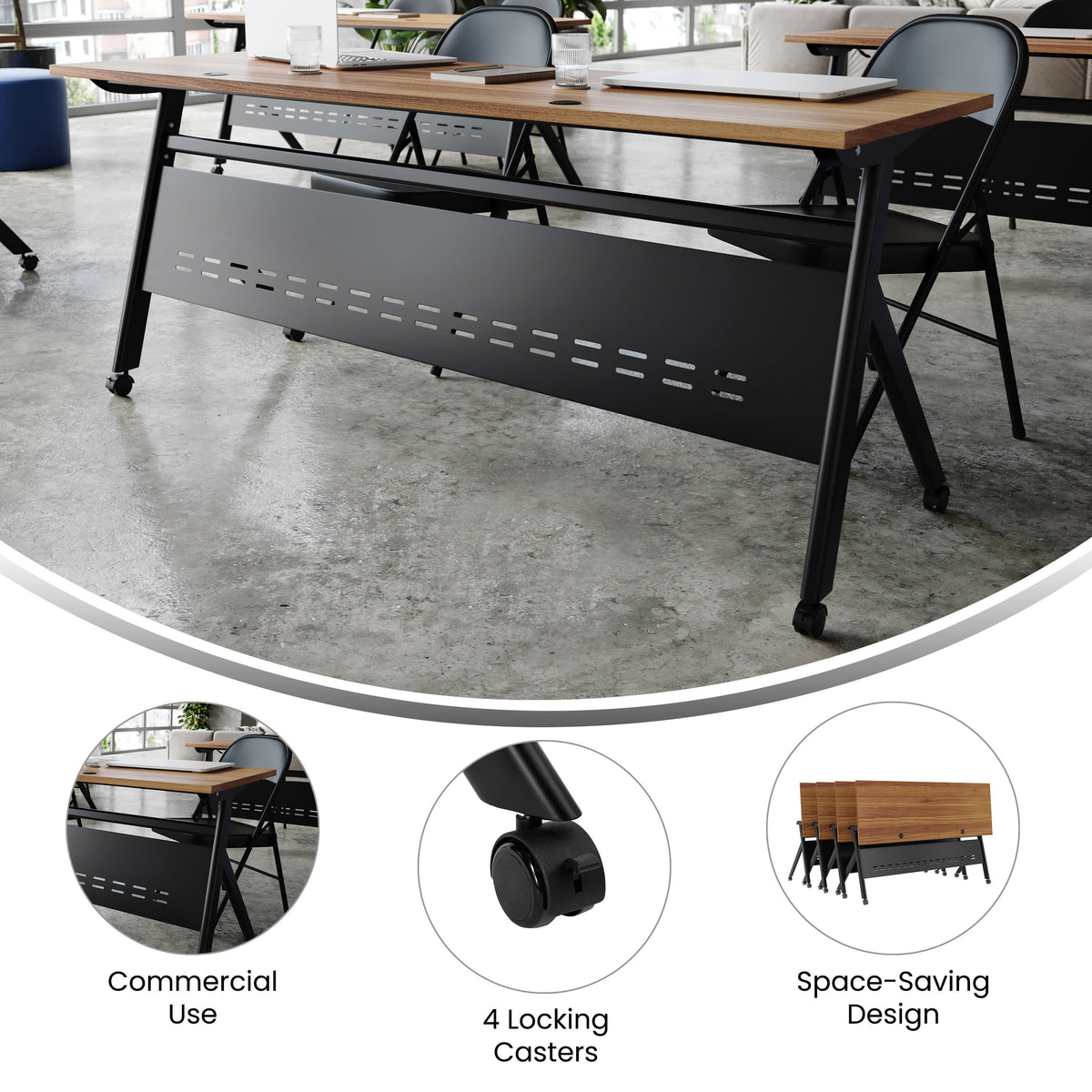 Walnut Top/Black Frame |#| Commercial Nesting Flip Training Table with Steel Frame and Y-Legs in Walnut/Blk