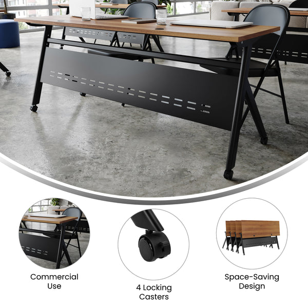 Walnut Top/Black Frame |#| Commercial Nesting Flip Training Table with Steel Frame and Y-Legs in Walnut/Blk