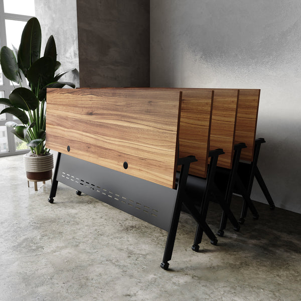 Walnut Top/Black Frame |#| Commercial Nesting Flip Training Table with Steel Frame and Y-Legs in Walnut/Blk