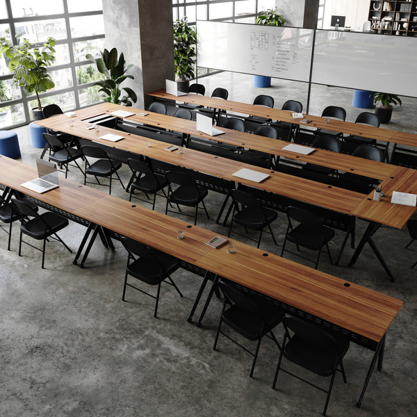 Walnut Top/Black Frame |#| Commercial Nesting Flip Training Table with Steel Frame and Y-Legs in Walnut/Blk