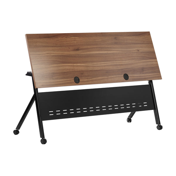 Walnut Top/Black Frame |#| Commercial Nesting Flip Training Table with Steel Frame and Y-Legs in Walnut/Blk