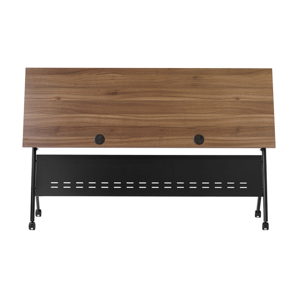 Walnut Top/Black Frame |#| Commercial Nesting Flip Training Table with Steel Frame and Y-Legs in Walnut/Blk