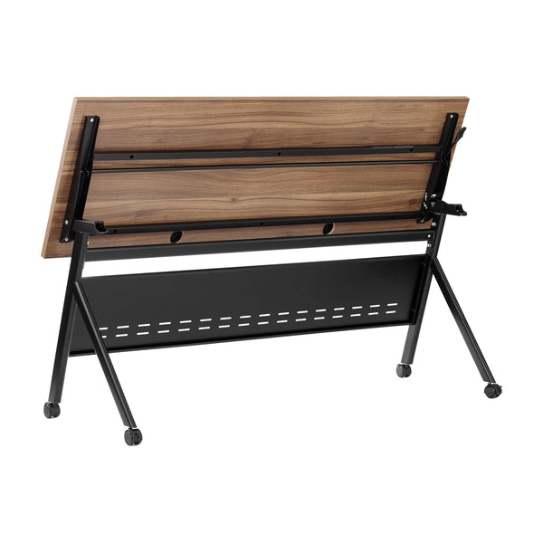 Walnut Top/Black Frame |#| Commercial Nesting Flip Training Table with Steel Frame and Y-Legs in Walnut/Blk