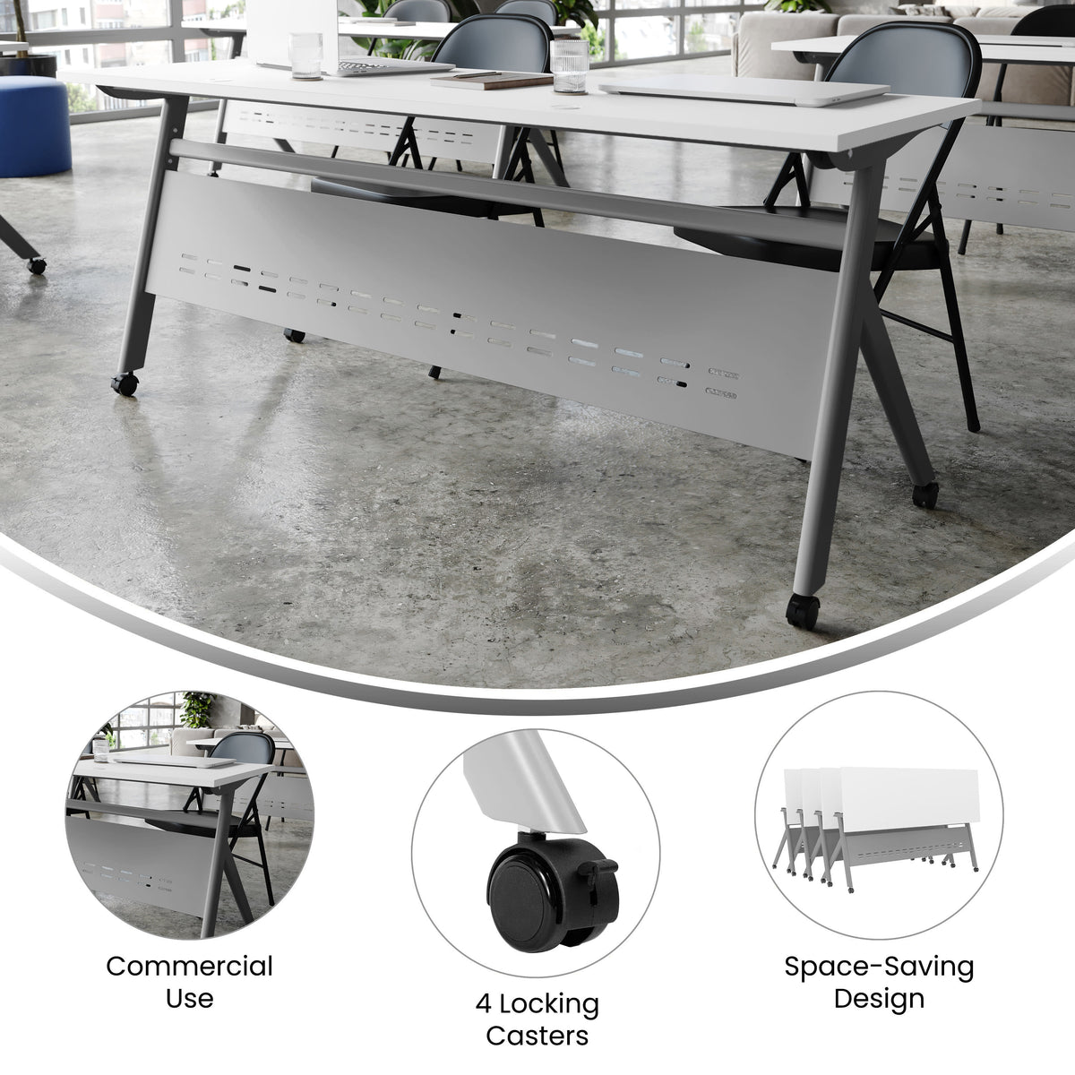 White Top/Gray Frame |#| Commercial Nesting Flip Training Table with Steel Frame and Y-Legs in White/Gray