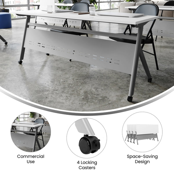 White Top/Gray Frame |#| Commercial Nesting Flip Training Table with Steel Frame and Y-Legs in White/Gray