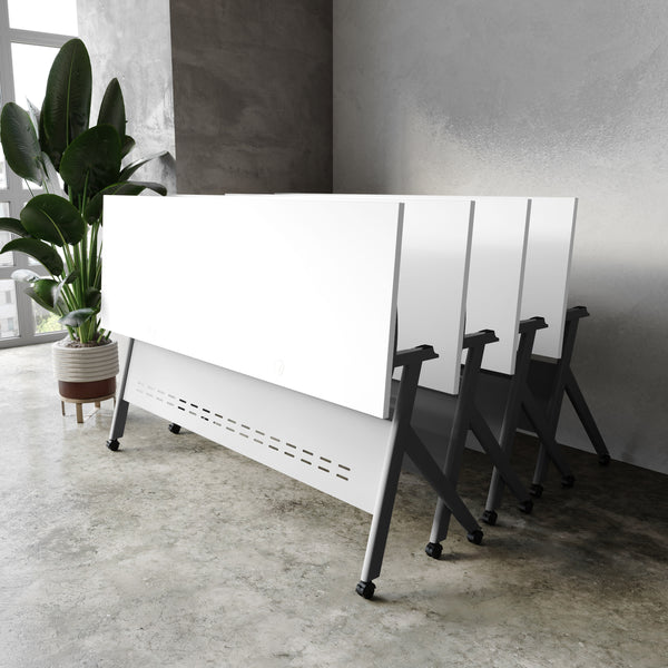 White Top/Gray Frame |#| Commercial Nesting Flip Training Table with Steel Frame and Y-Legs in White/Gray