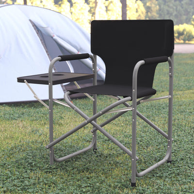 Folding Director's Camping Chair with Side Table and Cup Holder - Portable Indoor/Outdoor Steel Framed Sports Chair