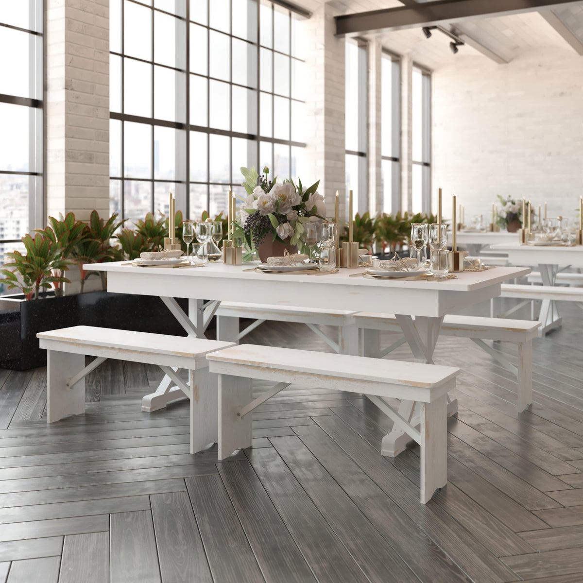 Antique Rustic White |#| Solid Pine Farm Dining Table with X-Style Legs in Antique Rustic White-7' x 40inch