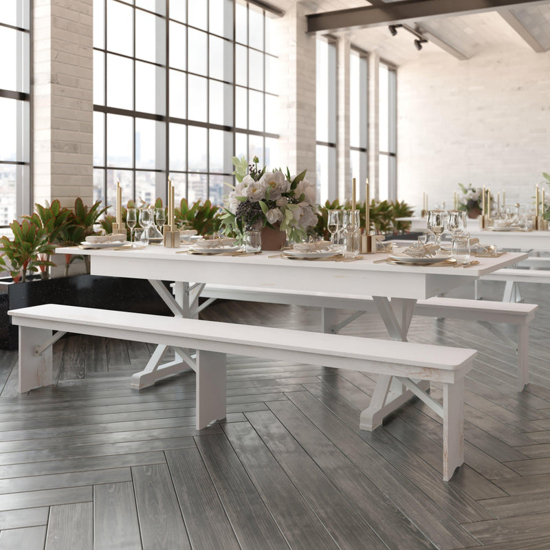 Antique Rustic White |#| Solid Pine Farm Dining Table with X-Style Legs in Antique Rustic White-8' x 40inch