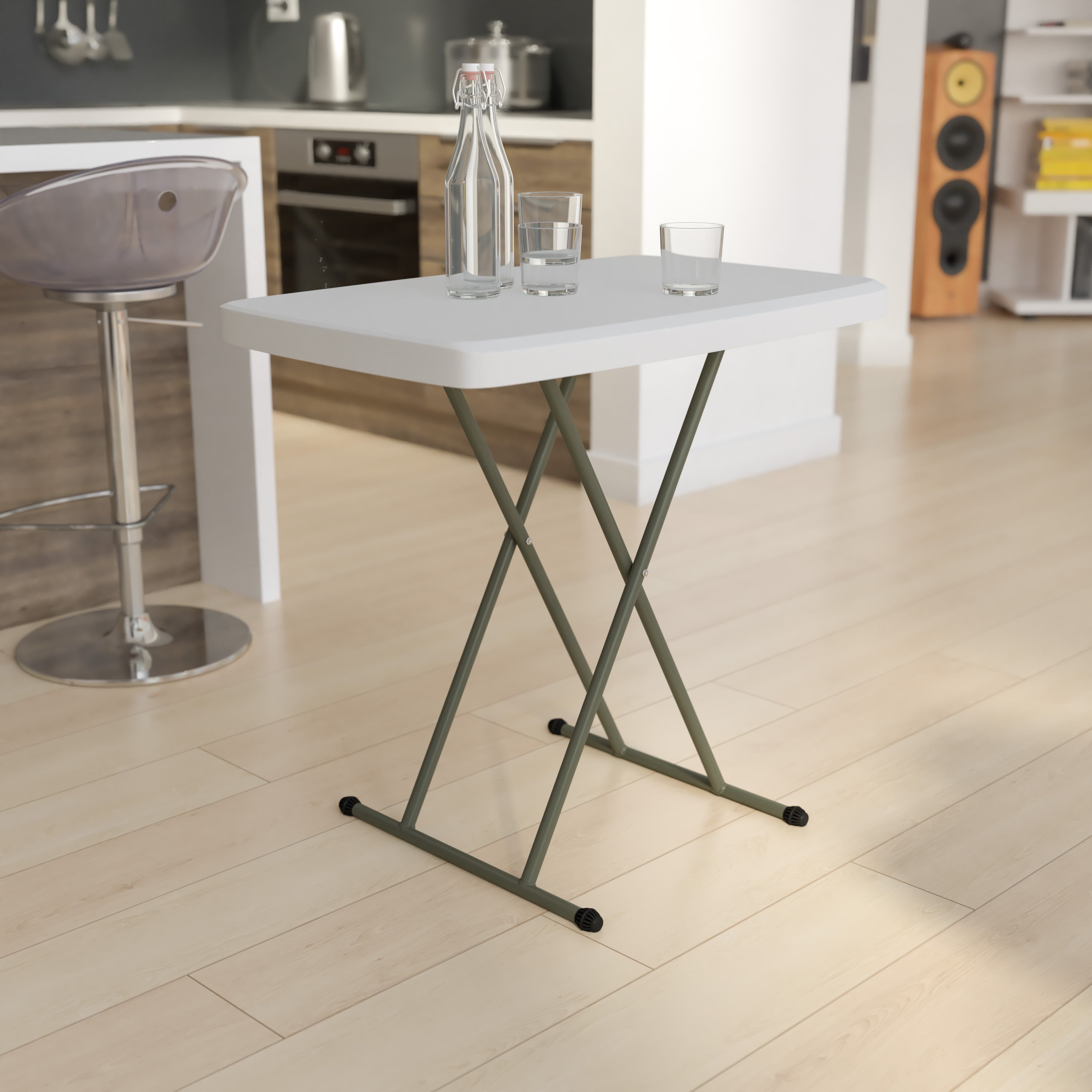 Flash Furniture 26 inch Granite White Indoor Outdoor Plastic Folding Table Adjustable Height Commercial Grade Side Table Laptop Table TV Tray