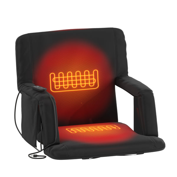 Black |#| Foldable Reclining Stadium Chair with Backpack Straps-Heated Back and Seat-Black
