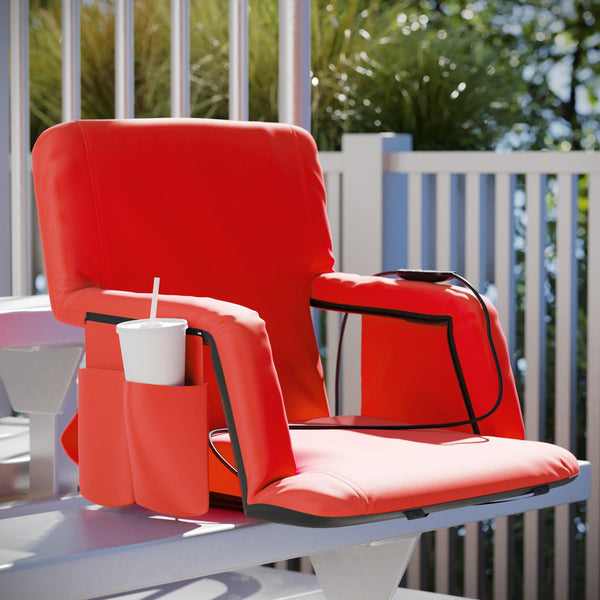 Red |#| Foldable Reclining Stadium Chair with Backpack Straps-Heated Back and Seat-Red