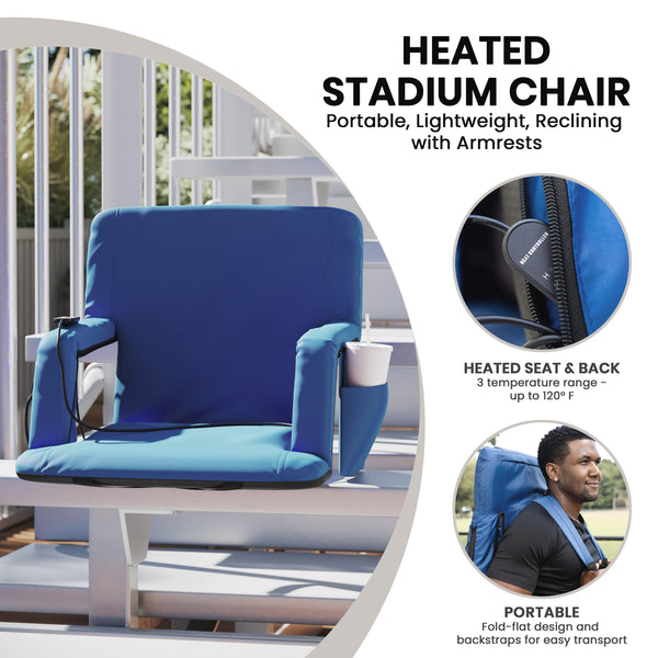 Blue |#| Foldable Reclining Stadium Chair with Backpack Straps-Heated Back and Seat-Blue