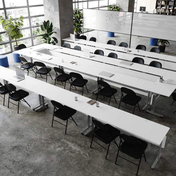White Top/Gray Frame |#| Commercial Nesting Flip Training Table with Steel Frame and T-Legs in White/Gray