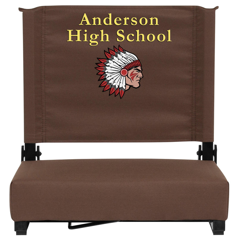 Brown |#| Personalized 500 lb. Rated Stadium Chair-Handle-Padded Seat, Brown